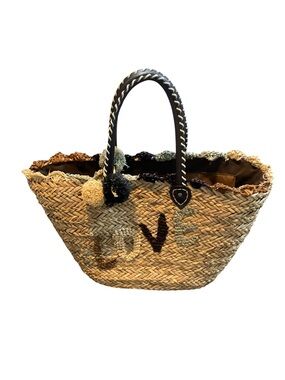 Molly Bracken Natural Straw Tote with Black Handles and Multicolor Pom-Poms
